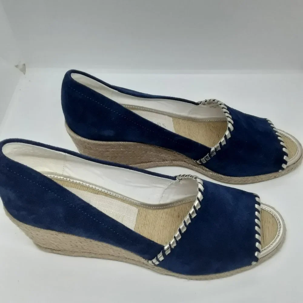 Jack Rogers Palmer Wedges Midnight Blue & Gold Stitching  Size 9M/NWT - Picture 3 of 10